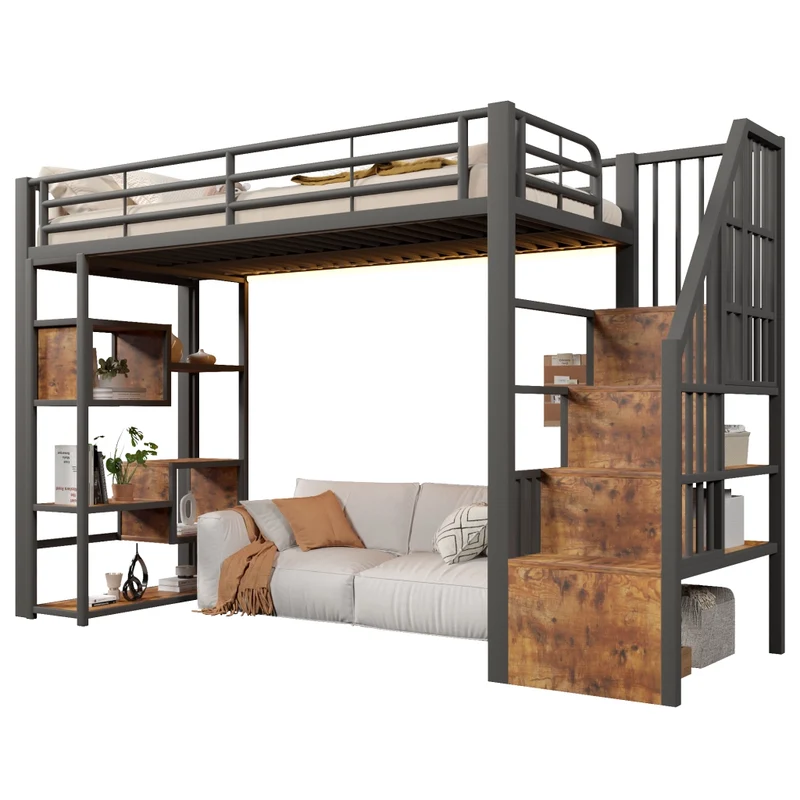 Letto a soppalco 90x200 cm per bambini con scaffali integrati; struttura in metallo e MDF; LED e scala; nero