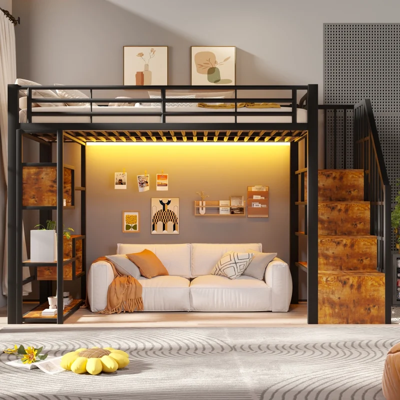 Letto a soppalco 90x200 cm per bambini con scaffali integrati; struttura in metallo e MDF; LED e scala; nero