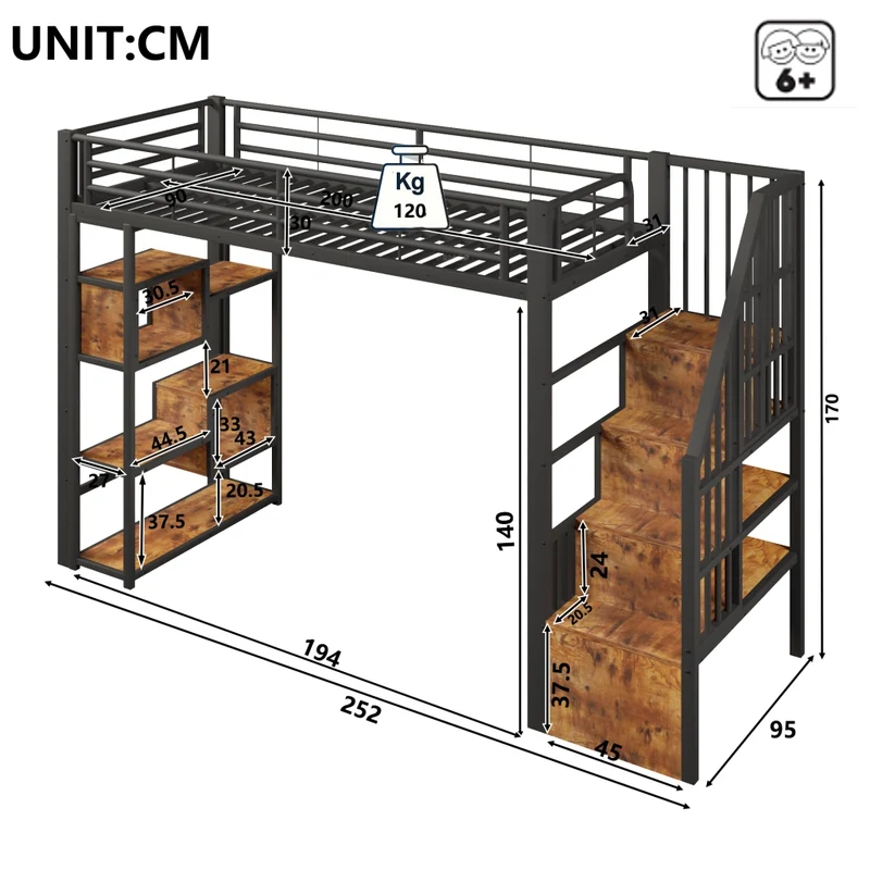 Letto a soppalco 90x200 cm per bambini con scaffali integrati; struttura in metallo e MDF; LED e scala; nero