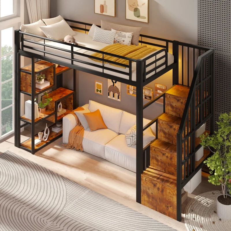 Letto a soppalco 90x200 cm per bambini con scaffali integrati; struttura in metallo e MDF; LED e scala; nero