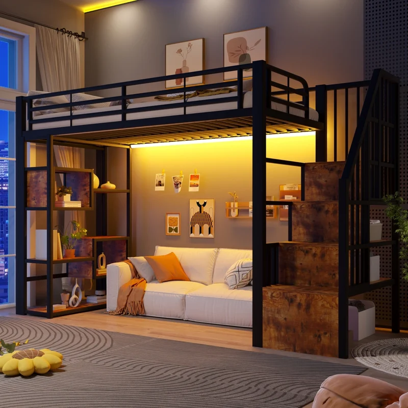 Letto a soppalco 90x200 cm per bambini con scaffali integrati; struttura in metallo e MDF; LED e scala; nero