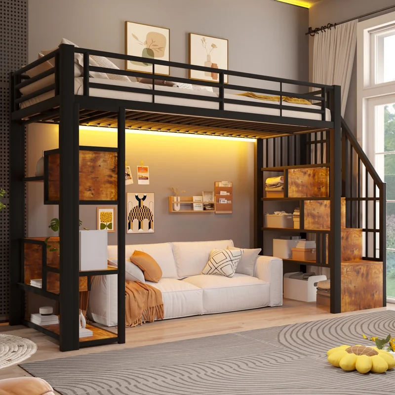 Letto a soppalco 90x200 cm per bambini con scaffali integrati; struttura in metallo e MDF; LED e scala; nero