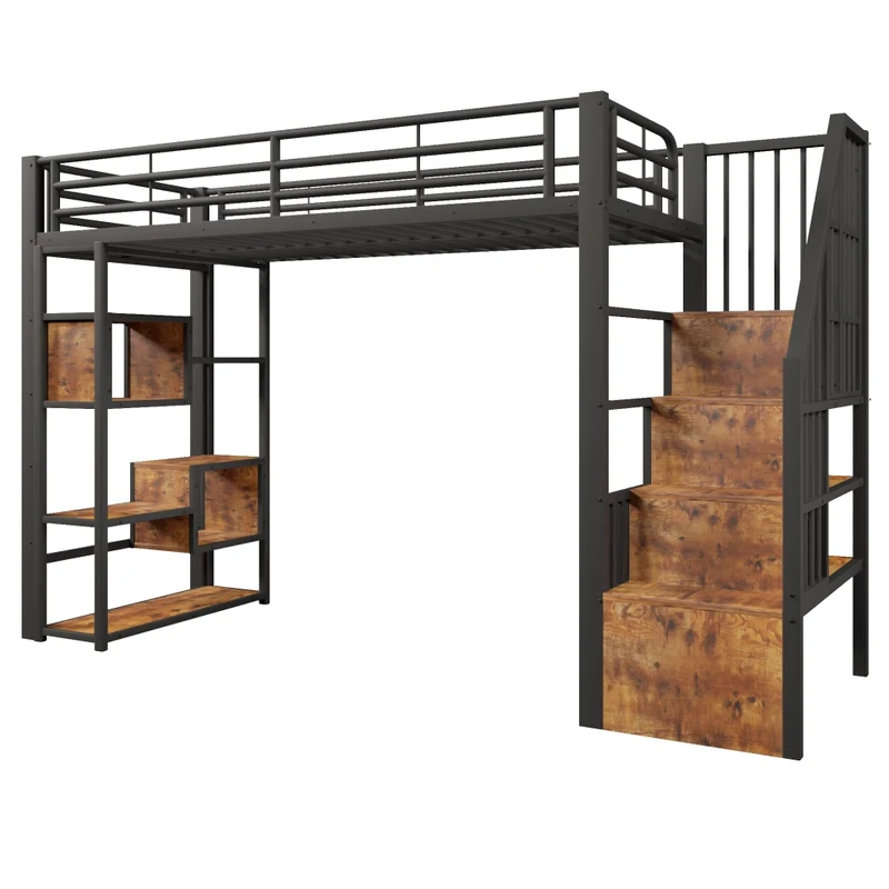 Letto a soppalco 90x200 cm per bambini con scaffali integrati; struttura in metallo e MDF; LED e scala; nero