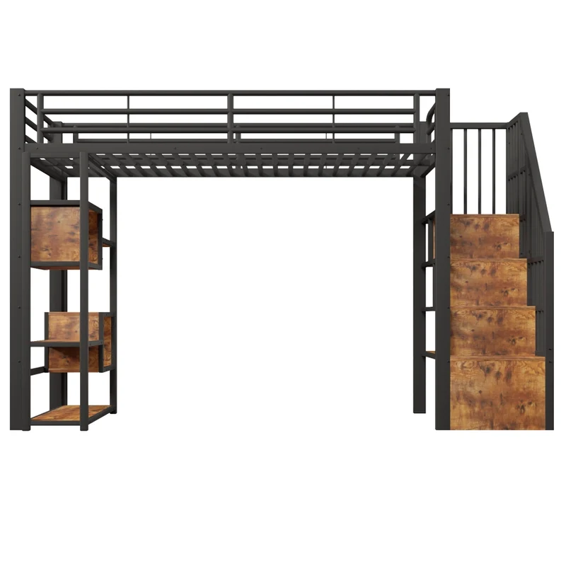 Letto a soppalco 90x200 cm per bambini con scaffali integrati; struttura in metallo e MDF; LED e scala; nero