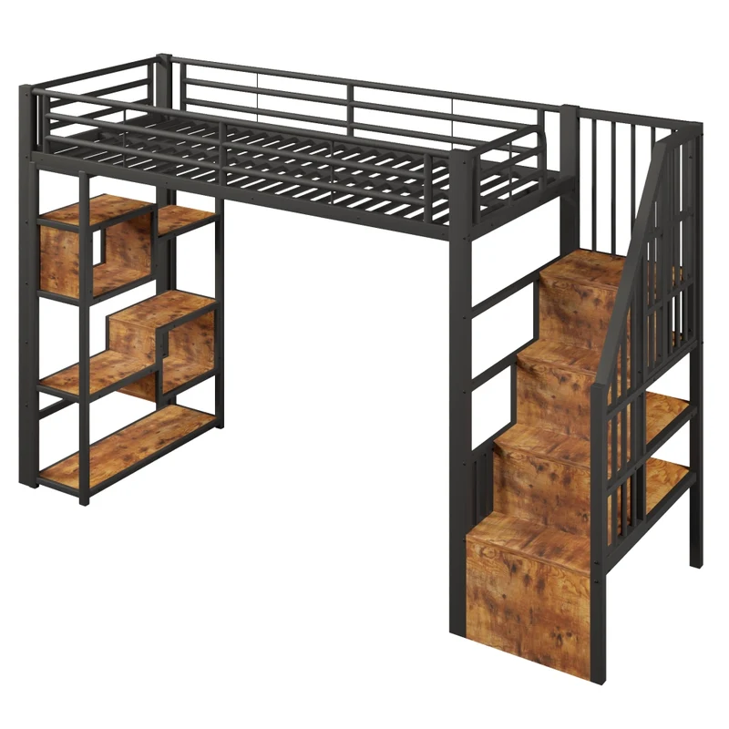 Letto a soppalco 90x200 cm per bambini con scaffali integrati; struttura in metallo e MDF; LED e scala; nero