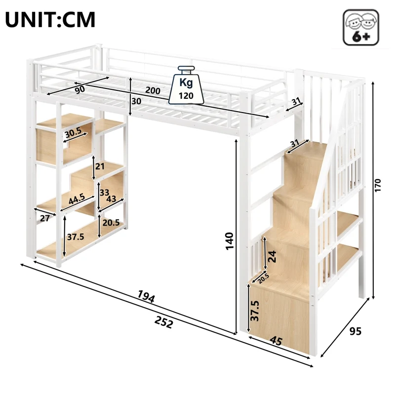 Letto a soppalco 90x200 cm con scaffali integrati; struttura in metallo e MDF; LED multicolore; bianco