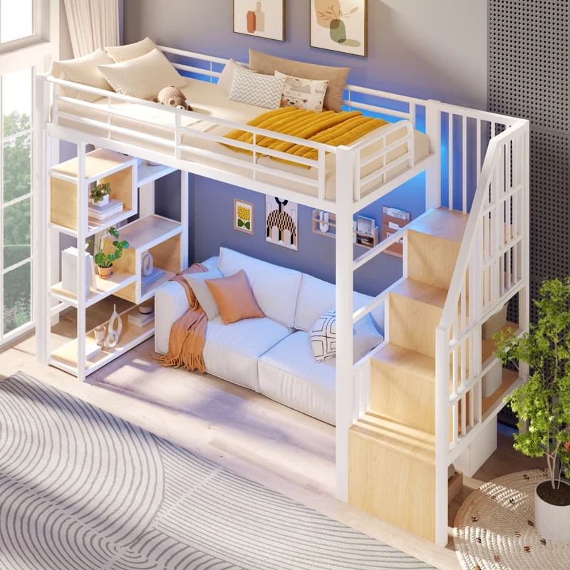 Letto a soppalco 90x200 cm con scaffali integrati; struttura in metallo e MDF; LED multicolore; bianco