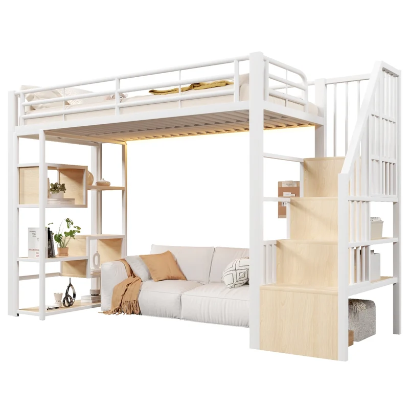 Letto a soppalco 90x200 cm con scaffali integrati; struttura in metallo e MDF; LED multicolore; bianco