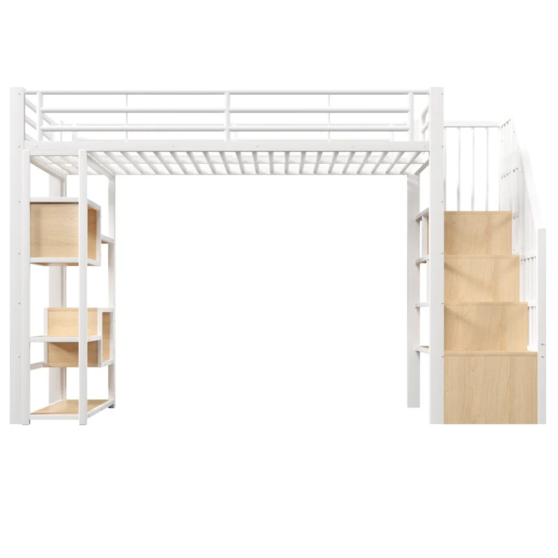 Letto a soppalco 90x200 cm con scaffali integrati; struttura in metallo e MDF; LED multicolore; bianco