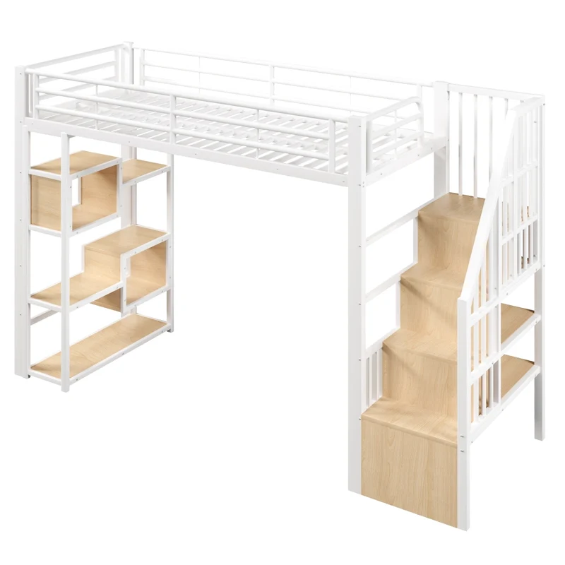 Letto a soppalco 90x200 cm con scaffali integrati; struttura in metallo e MDF; LED multicolore; bianco