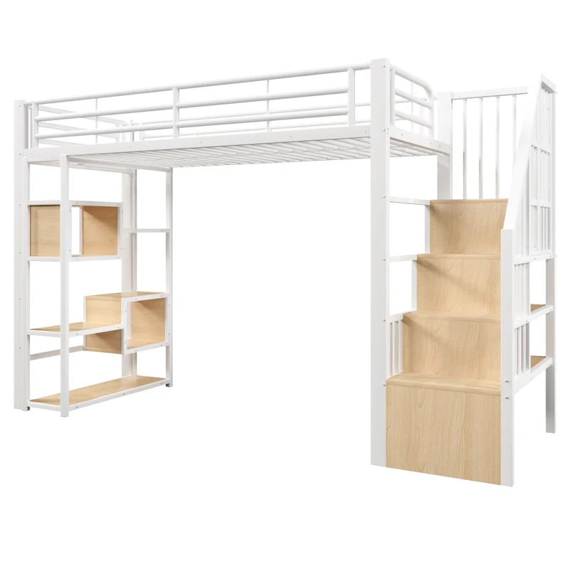 Letto a soppalco 90x200 cm con scaffali integrati; struttura in metallo e MDF; LED multicolore; bianco