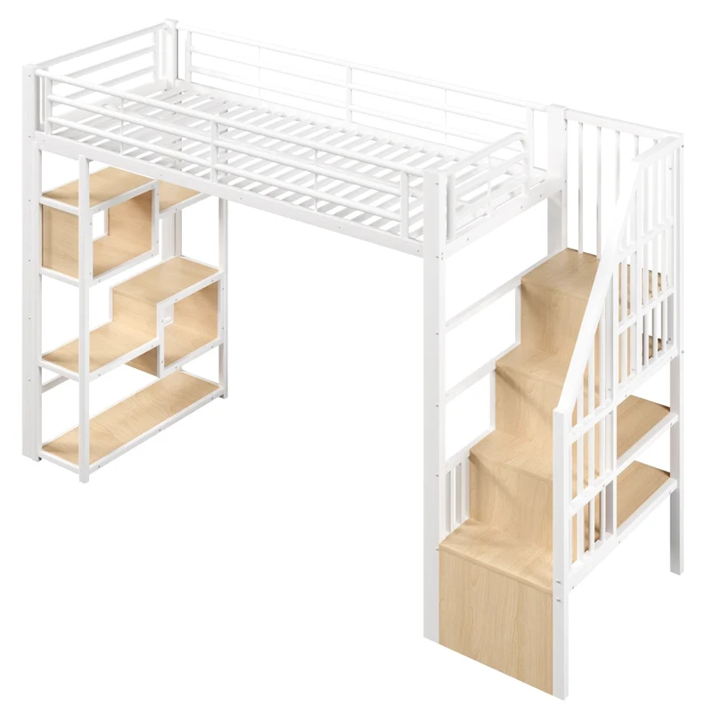 Letto a soppalco 90x200 cm con scaffali integrati; struttura in metallo e MDF; LED multicolore; bianco