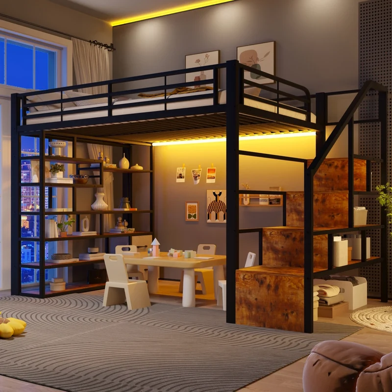 Letto a soppalco 140 x 200 cm con gradini integrati; telaio in metallo e MDF; LED; nero; senza materasso