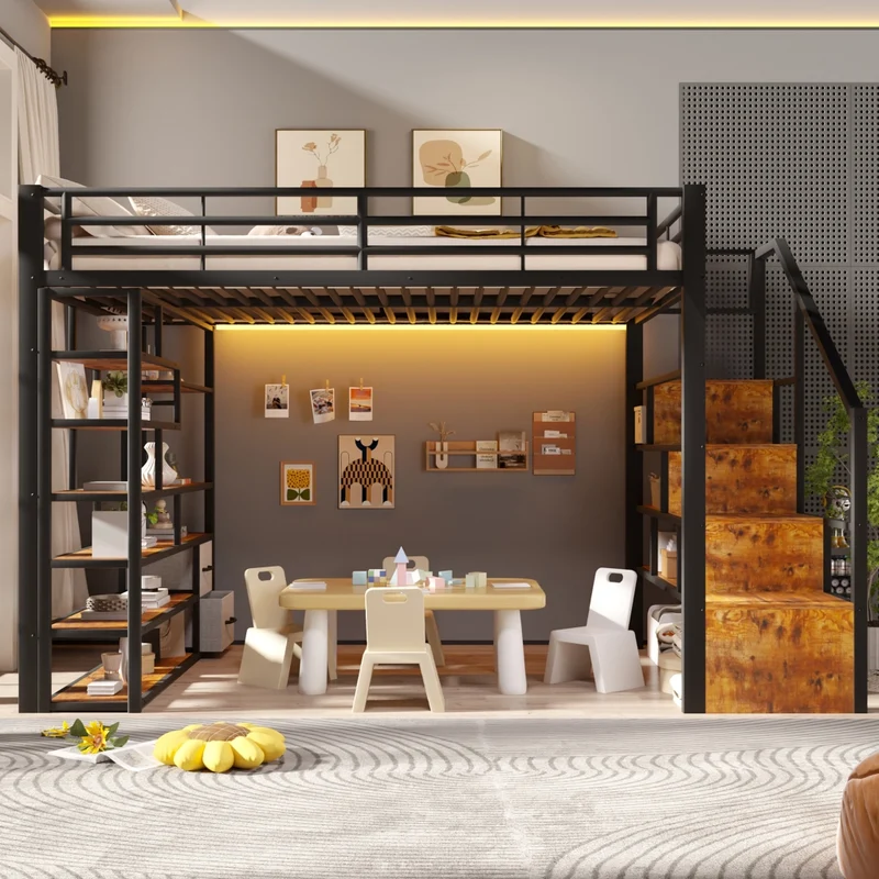 Letto a soppalco 140 x 200 cm con gradini integrati; telaio in metallo e MDF; LED; nero; senza materasso
