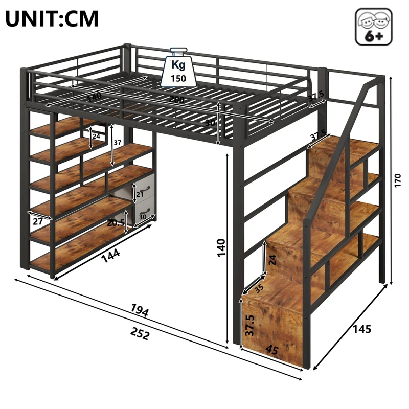 Letto a soppalco 140 x 200 cm con gradini integrati; telaio in metallo e MDF; LED; nero; senza materasso