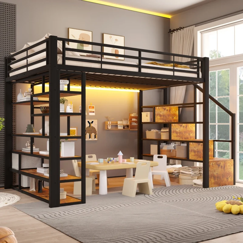 Letto a soppalco 140 x 200 cm con gradini integrati; telaio in metallo e MDF; LED; nero; senza materasso