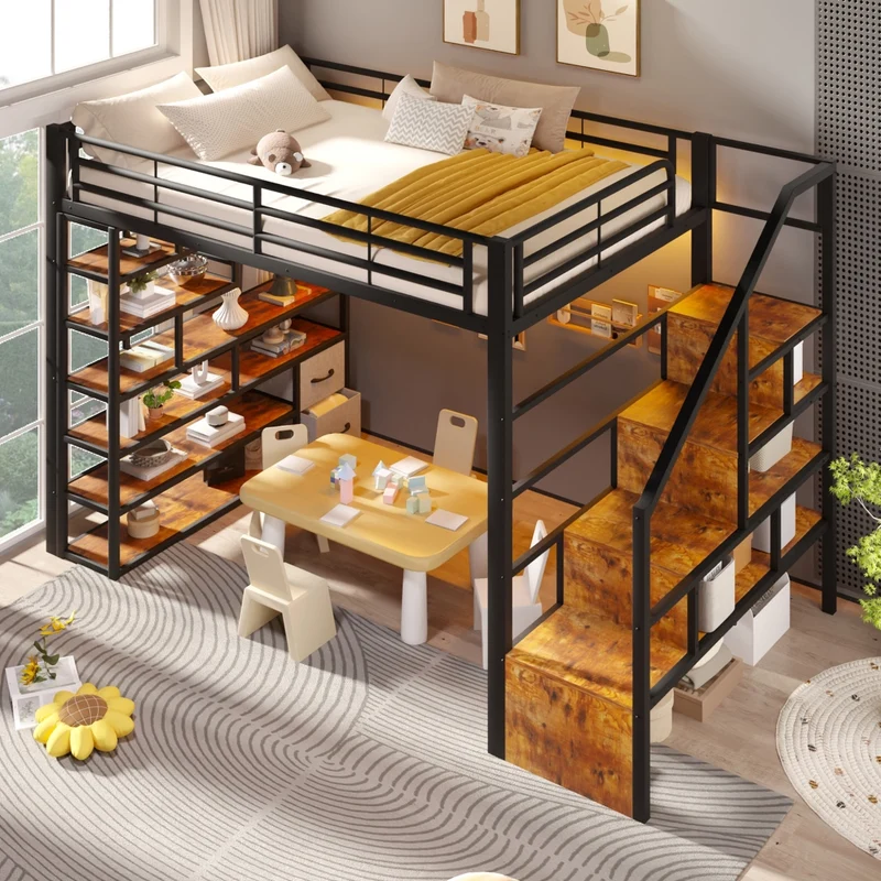 Letto a soppalco 140 x 200 cm con gradini integrati; telaio in metallo e MDF; LED; nero; senza materasso