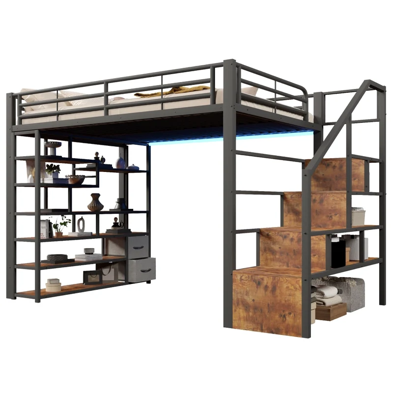 Letto a soppalco 140 x 200 cm con gradini integrati; telaio in metallo e MDF; LED; nero; senza materasso