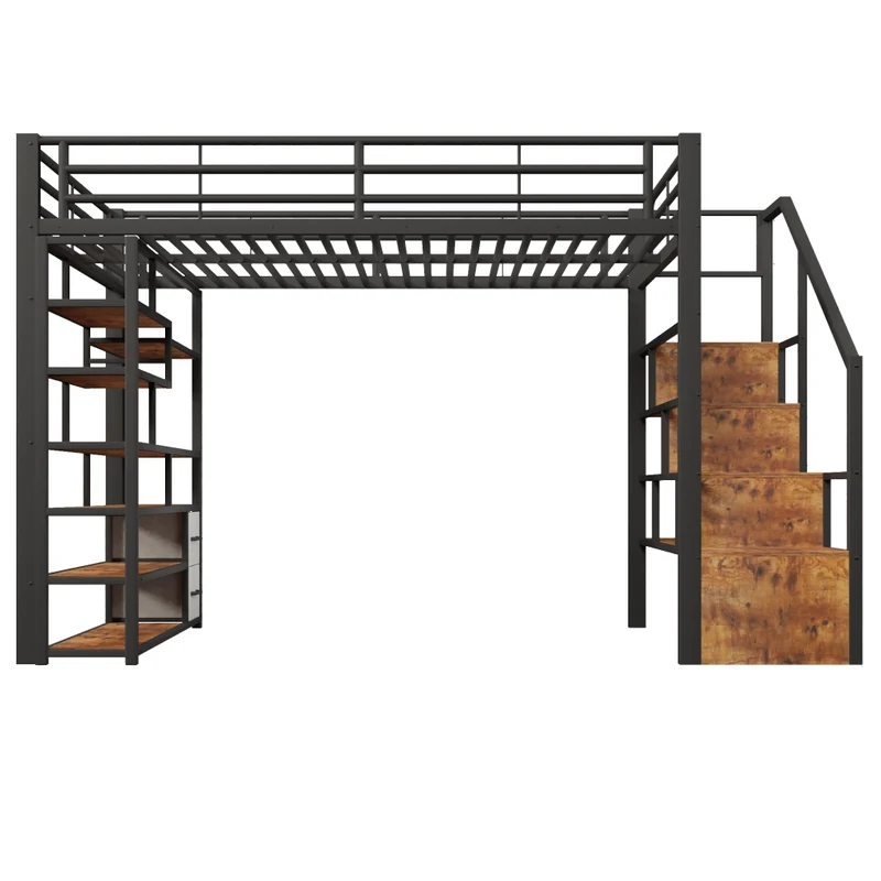 Letto a soppalco 140 x 200 cm con gradini integrati; telaio in metallo e MDF; LED; nero; senza materasso