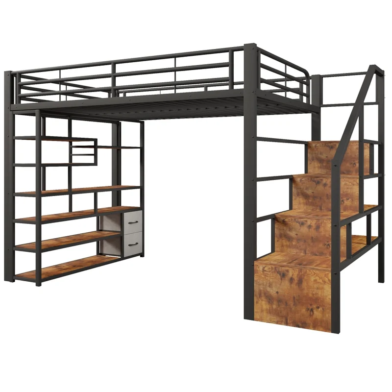 Letto a soppalco 140 x 200 cm con gradini integrati; telaio in metallo e MDF; LED; nero; senza materasso