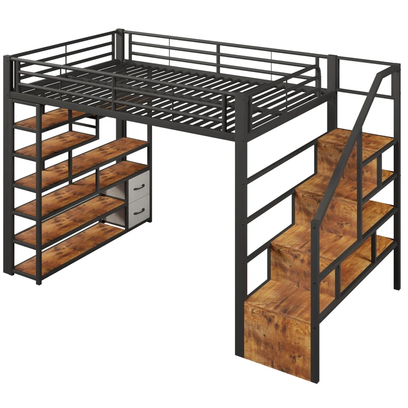 Letto a soppalco 140 x 200 cm con gradini integrati; telaio in metallo e MDF; LED; nero; senza materasso