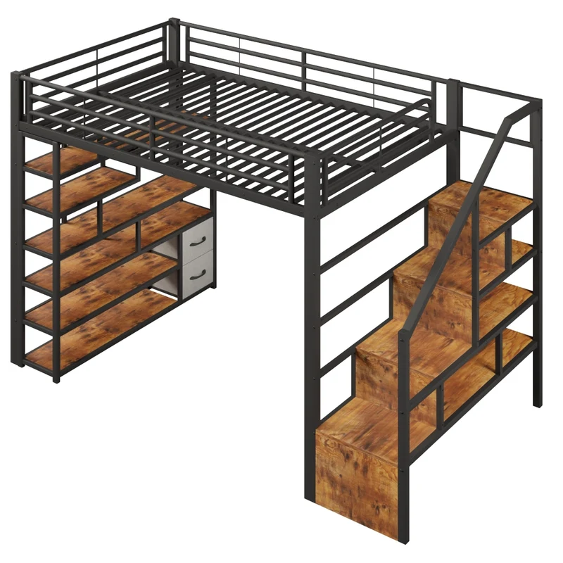 Letto a soppalco 140 x 200 cm con gradini integrati; telaio in metallo e MDF; LED; nero; senza materasso