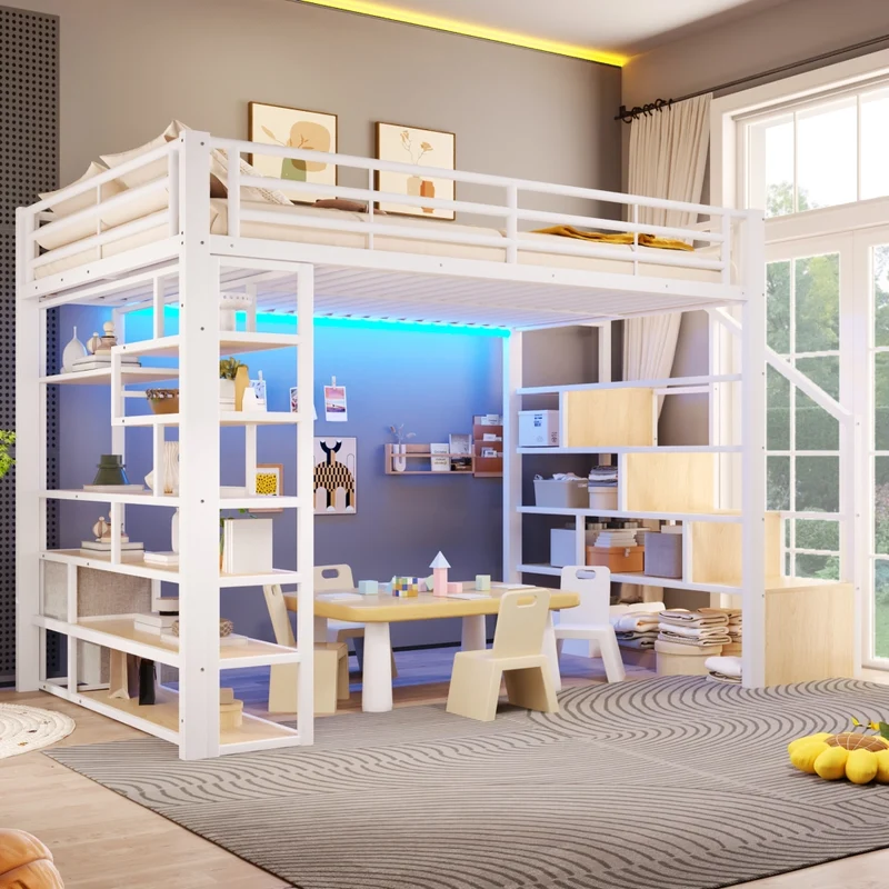 Letto a soppalco 140x200 cm in metallo e MDF con gradini contenitore; LED e ringhiera; bianco