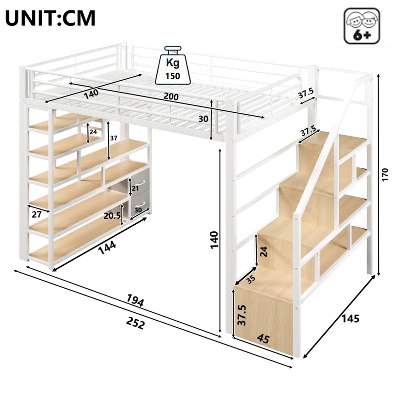 Letto a soppalco 140x200 cm in metallo e MDF con gradini contenitore; LED e ringhiera; bianco