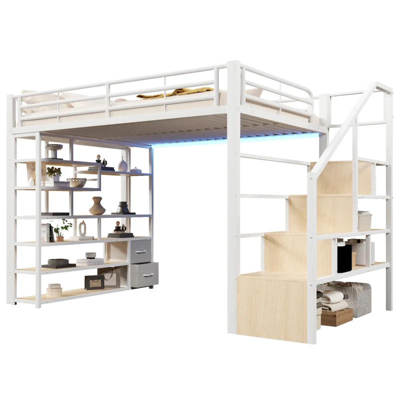 Letto a soppalco 140x200 cm in metallo e MDF con gradini contenitore; LED e ringhiera; bianco