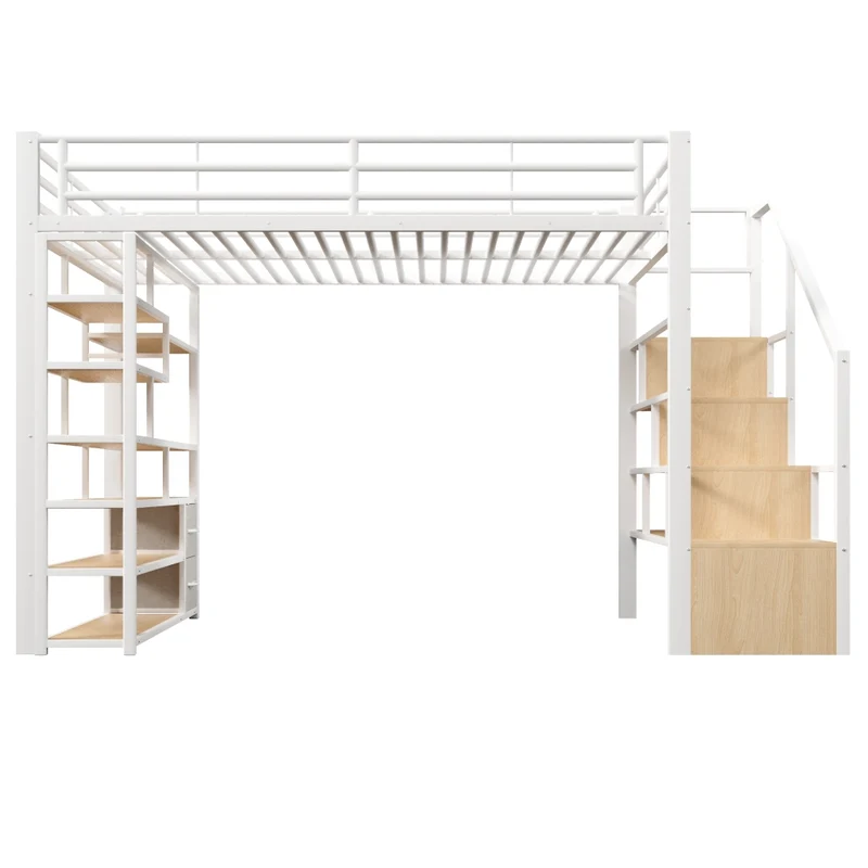Letto a soppalco 140x200 cm in metallo e MDF con gradini contenitore; LED e ringhiera; bianco