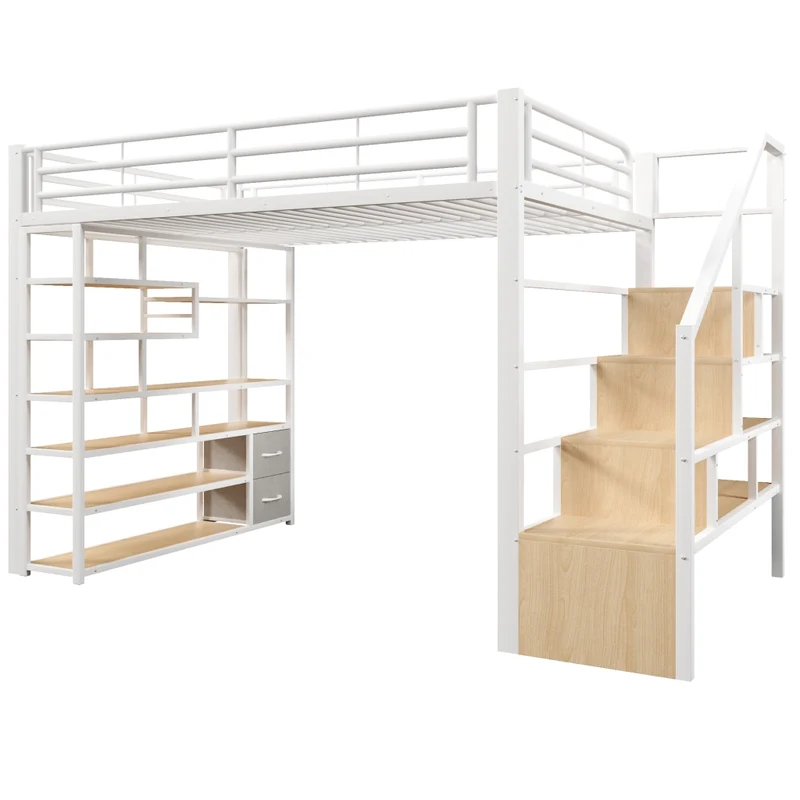 Letto a soppalco 140x200 cm in metallo e MDF con gradini contenitore; LED e ringhiera; bianco