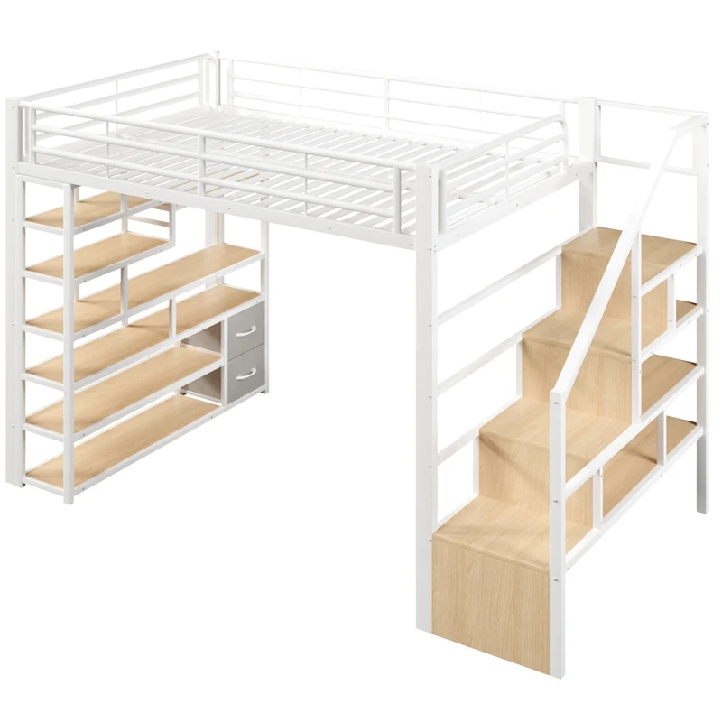 Letto a soppalco 140x200 cm in metallo e MDF con gradini contenitore; LED e ringhiera; bianco