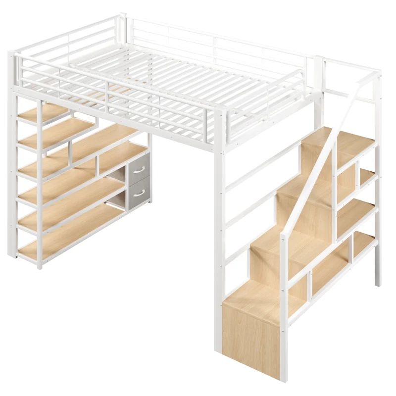 Letto a soppalco 140x200 cm in metallo e MDF con gradini contenitore; LED e ringhiera; bianco