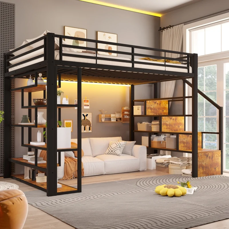 Letto a soppalco 140 x 200 cm in metallo e MDF con scala integrata; ripiani; LED e sponde; nero