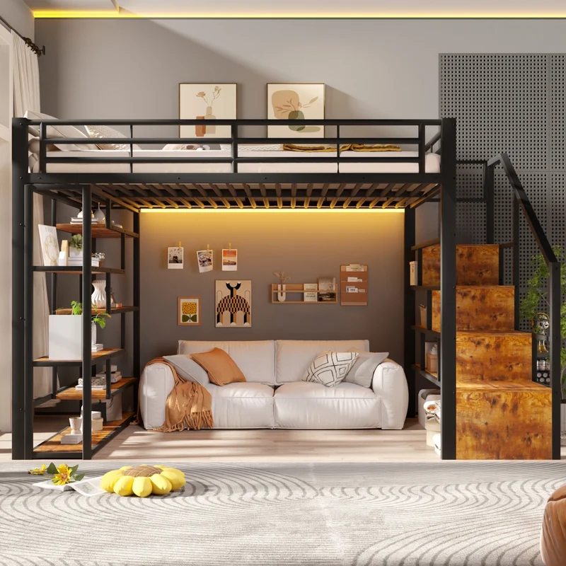 Letto a soppalco 140 x 200 cm in metallo e MDF con scala integrata; ripiani; LED e sponde; nero