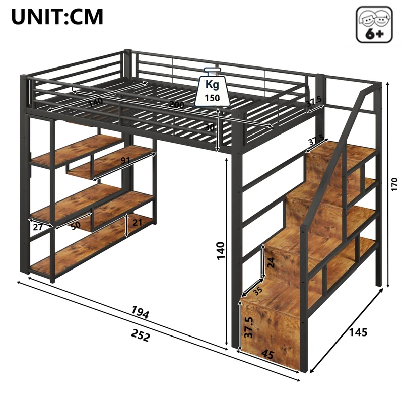 Letto a soppalco 140 x 200 cm in metallo e MDF con scala integrata; ripiani; LED e sponde; nero