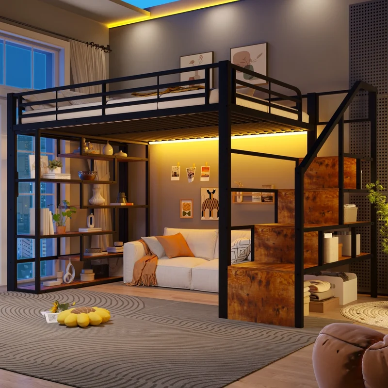 Letto a soppalco 140 x 200 cm in metallo e MDF con scala integrata; ripiani; LED e sponde; nero