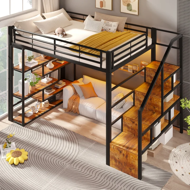 Letto a soppalco 140 x 200 cm in metallo e MDF con scala integrata; ripiani; LED e sponde; nero