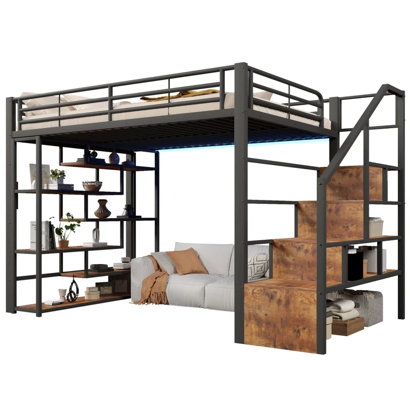 Letto a soppalco 140 x 200 cm in metallo e MDF con scala integrata; ripiani; LED e sponde; nero