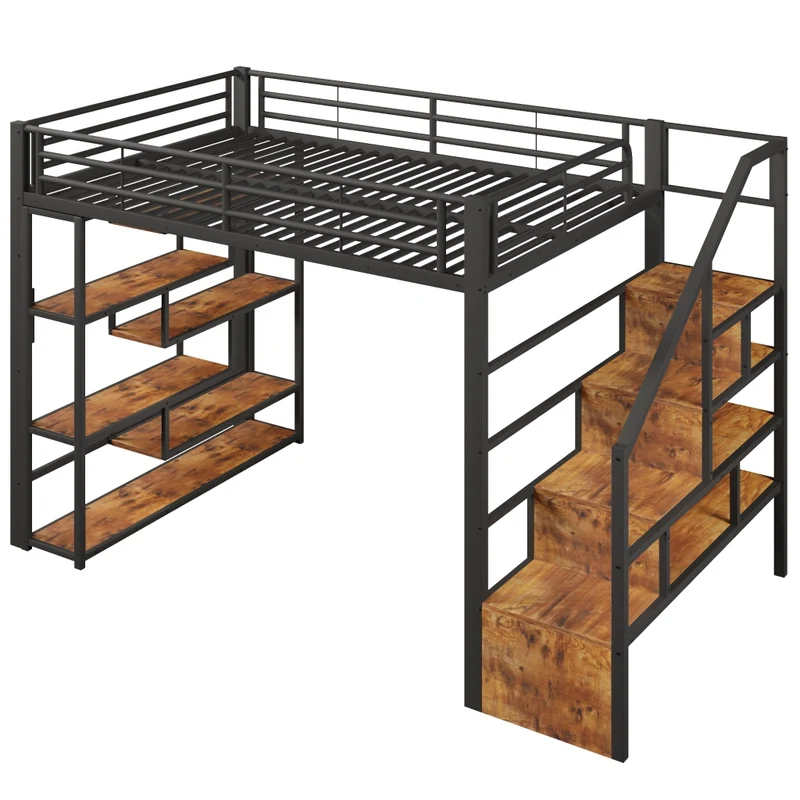 Letto a soppalco 140 x 200 cm in metallo e MDF con scala integrata; ripiani; LED e sponde; nero