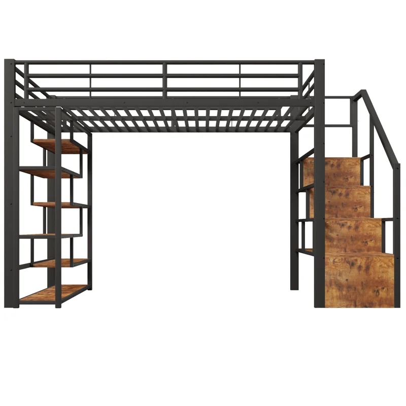 Letto a soppalco 140 x 200 cm in metallo e MDF con scala integrata; ripiani; LED e sponde; nero