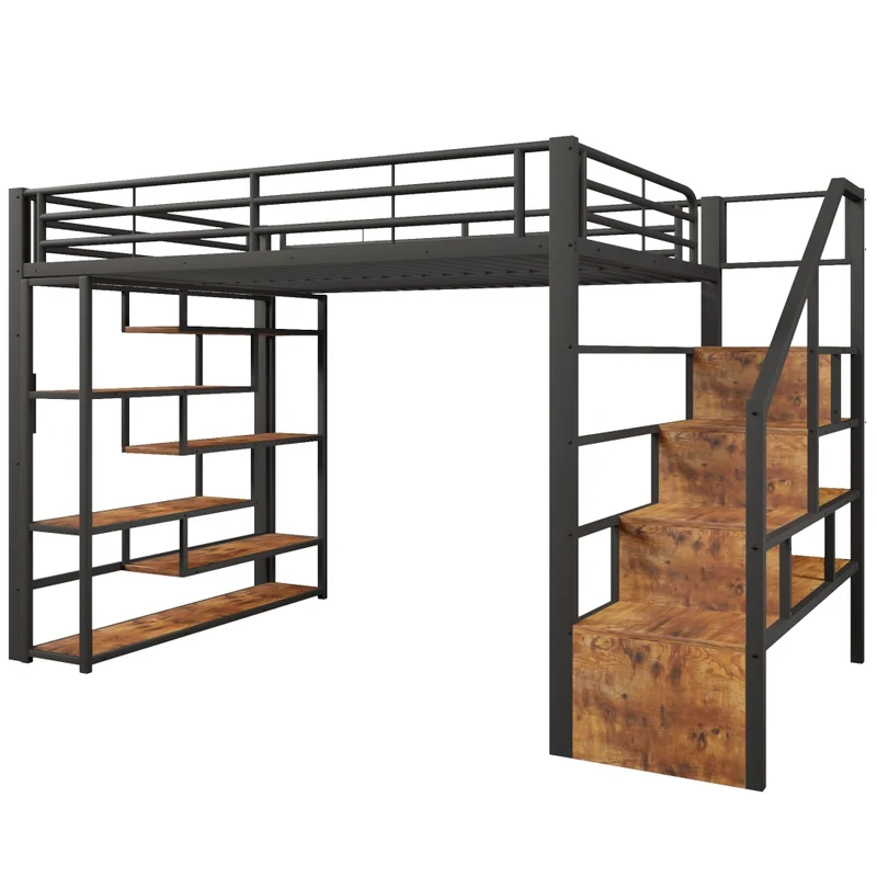 Letto a soppalco 140 x 200 cm in metallo e MDF con scala integrata; ripiani; LED e sponde; nero