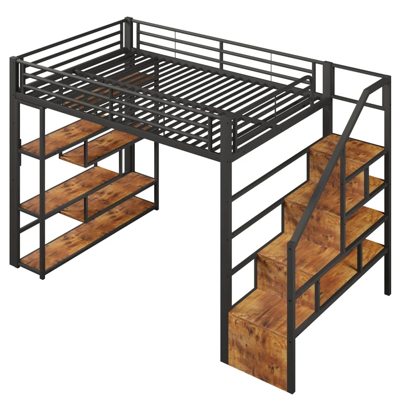 Letto a soppalco 140 x 200 cm in metallo e MDF con scala integrata; ripiani; LED e sponde; nero