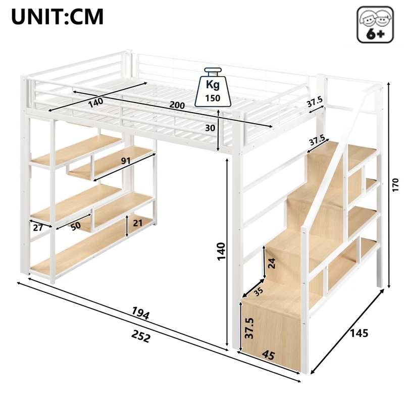 Letto a soppalco 140x200 per bambini con scala integrata; struttura in metallo e MDF; ripiani; LED e barriera; bianco