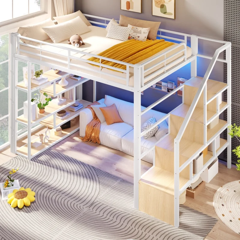 Letto a soppalco 140x200 per bambini con scala integrata; struttura in metallo e MDF; ripiani; LED e barriera; bianco