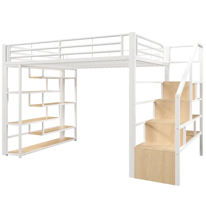 Letto a soppalco 140x200 per bambini con scala integrata; struttura in metallo e MDF; ripiani; LED e barriera; bianco