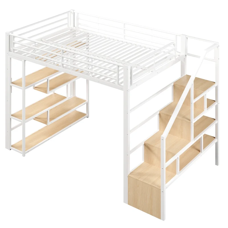 Letto a soppalco 140x200 per bambini con scala integrata; struttura in metallo e MDF; ripiani; LED e barriera; bianco
