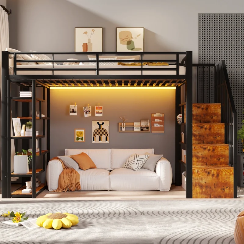 Letto a soppalco 90x200 per bambini con scala integrata; struttura in metallo e MDF; LED e vani portaoggetti; nero