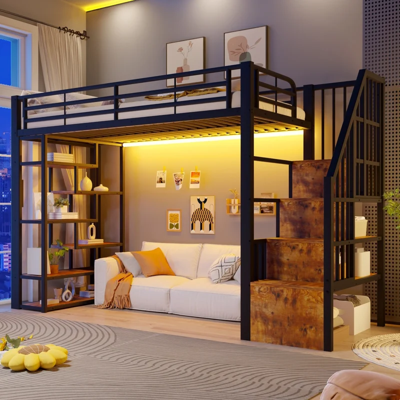 Letto a soppalco 90x200 per bambini con scala integrata; struttura in metallo e MDF; LED e vani portaoggetti; nero
