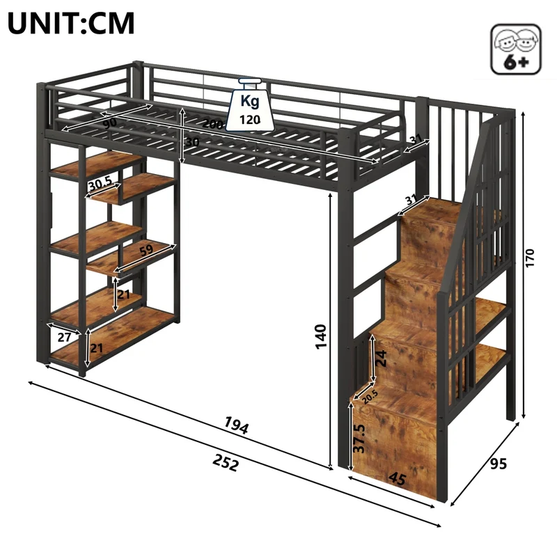Letto a soppalco 90x200 per bambini con scala integrata; struttura in metallo e MDF; LED e vani portaoggetti; nero
